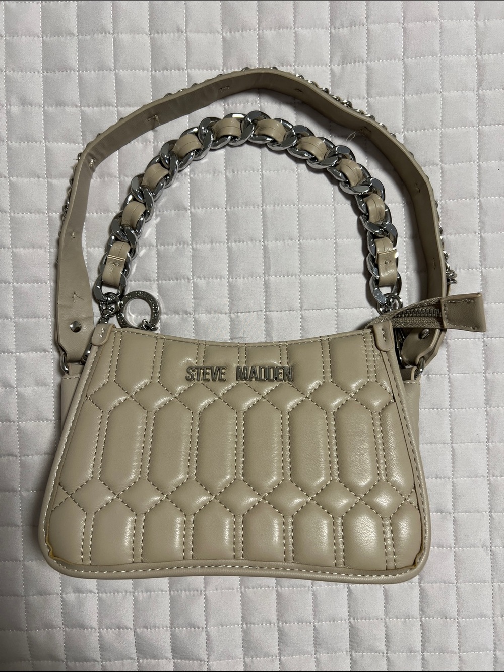 Steve Madden Quilted Mini Shoulder Bag in Beige with Silver Chain